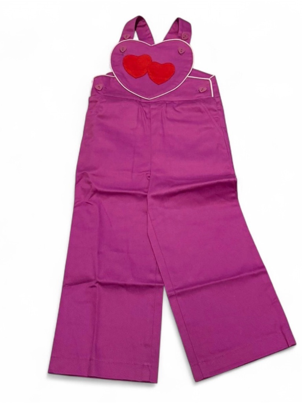 Vintage 90s Girls Pink Romper Overalls Heart Bib Wide Leg Toddler 2T Cute Wide